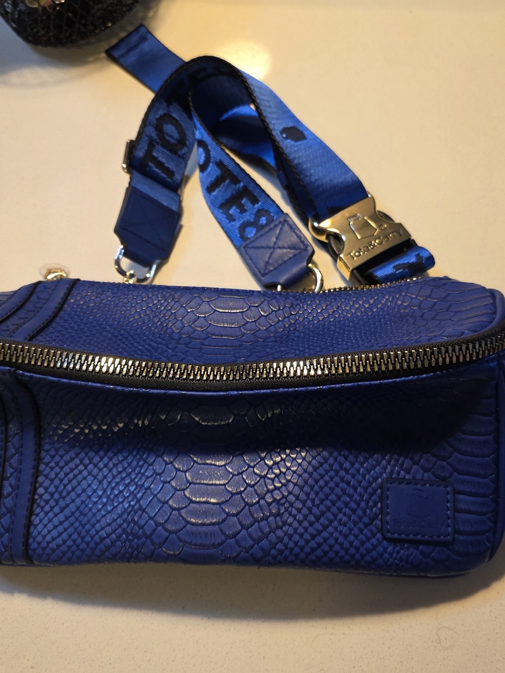 Tote & Carry Apollo 1 Mini Fanny Pack Royal Blue Python Chest Bag NWT